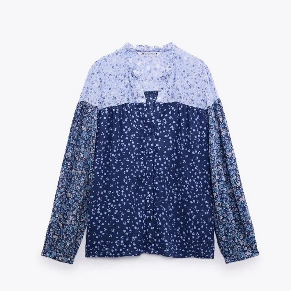 ZARA WOMENS FLORAL PRINT silky Y2K preppy BLOUSE Blue Medium A008438
